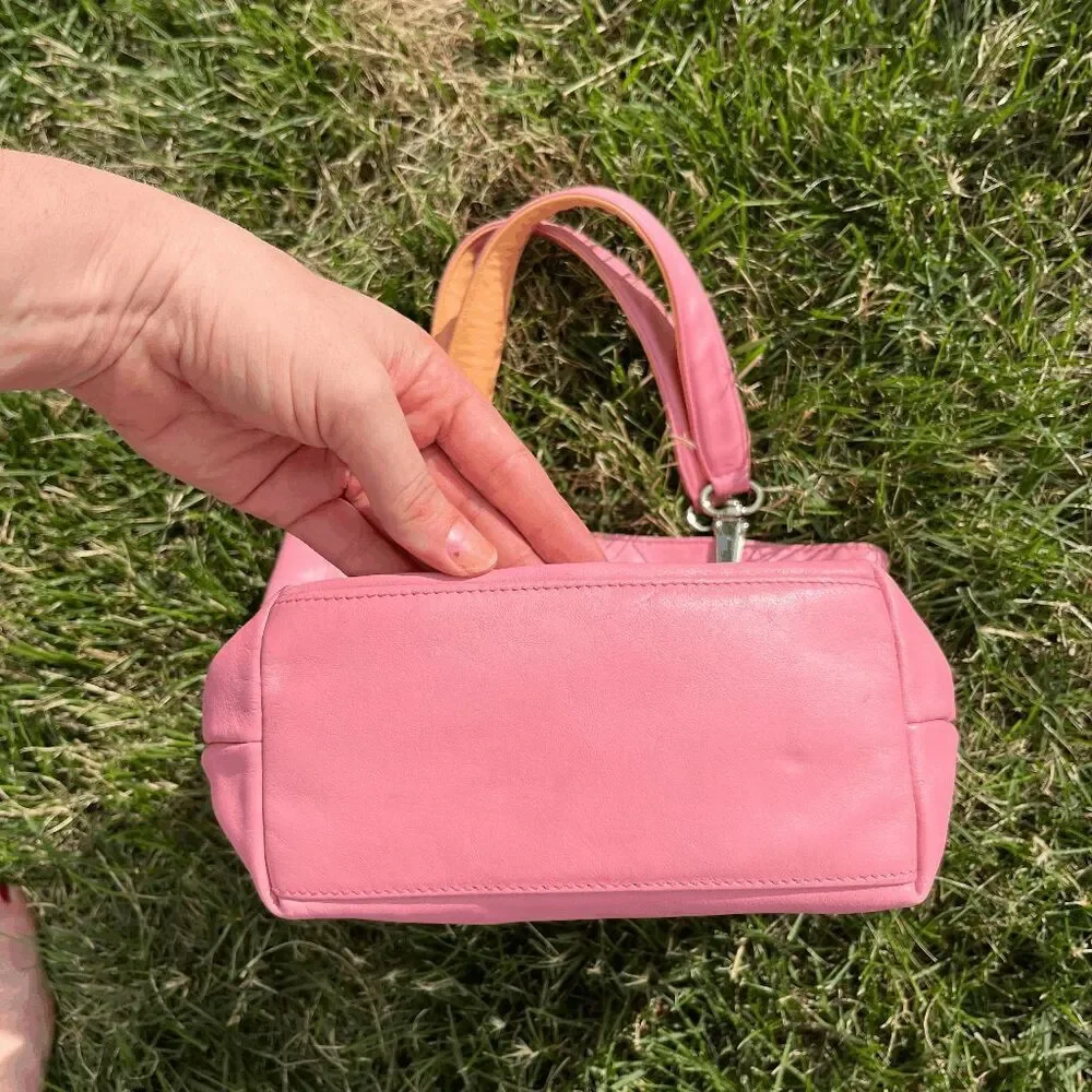 Talbots Y2K Pink Leather Tote Bag w/ Orange Handles Pastel Retro Shoulder Purse - Picture 6 of 7